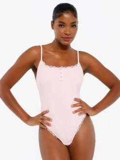 Shapewear Modal Strappy Lace Trim Sculpting Henley Bodysuit