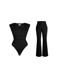 Shapewear Padded Shoulder Slimming Bodysuit Flare-Leg Pants Set