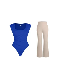 Shapewear Padded Shoulder Slimming Bodysuit Flare-Leg Pants Set