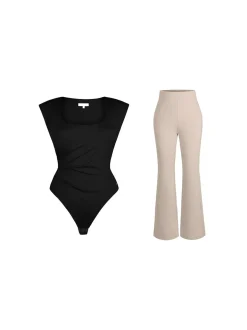 Shapewear Padded Shoulder Slimming Bodysuit Flare-Leg Pants Set