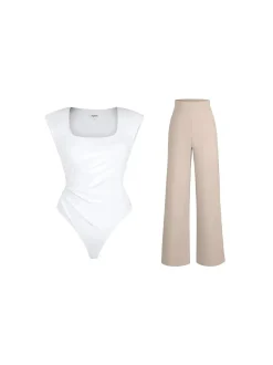 Shapewear Padded Shoulder Slimming Bodysuit Wide-Leg Pants Set