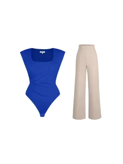 Shapewear Padded Shoulder Slimming Bodysuit Wide-Leg Pants Set