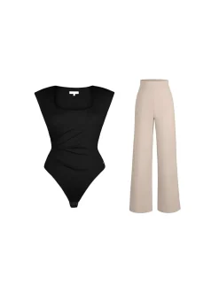 Shapewear Padded Shoulder Slimming Bodysuit Wide-Leg Pants Set