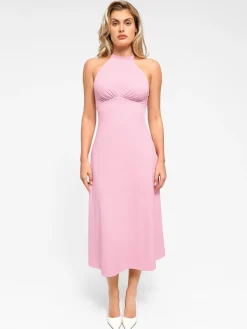 Shapewear Sculpting Backless Halter A-Line Midi Dress