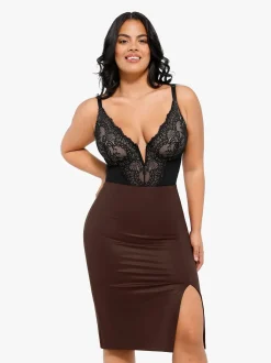 Shapewear Sculpting Faux Leather Front Slit Midi Skirt
