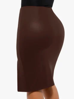 Shapewear Sculpting Faux Leather Front Slit Midi Skirt