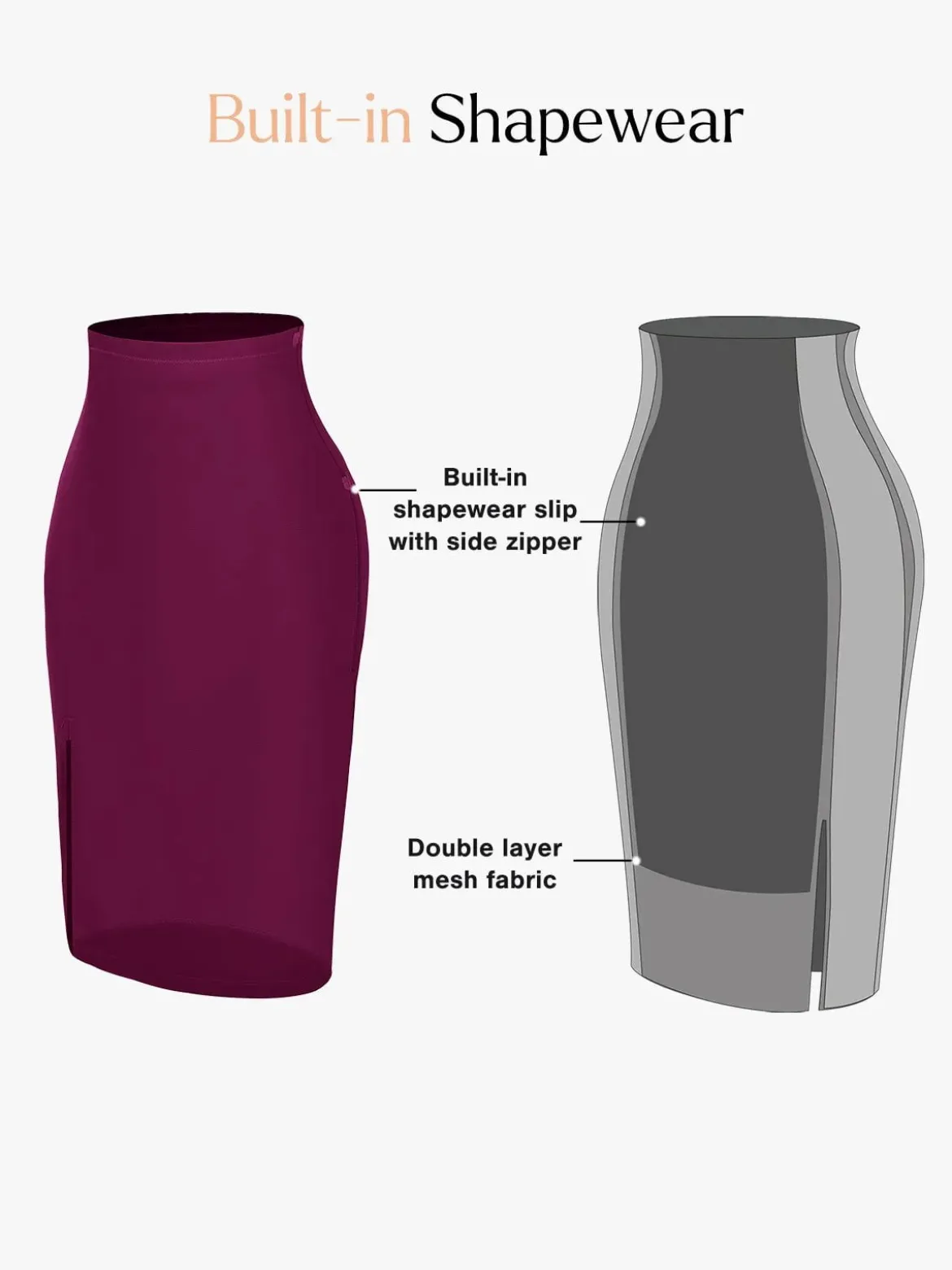 Shapewear Sculpting Faux Leather Front Slit Midi Skirt
