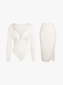 Shapewear Sculpting Lace Trim Bodysuit Midi Wrap Skirt Set
