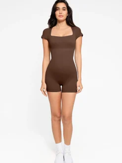 Shapewear Seamless Rib Square Neck Cap Sleeve Romper