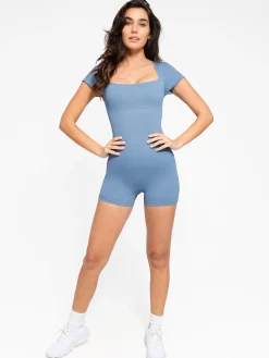 Shapewear Seamless Rib Square Neck Cap Sleeve Romper