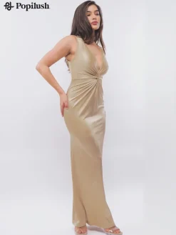 Shapewear Shine Deep V-Neck Bias Twist Hourglass Maxi Dress