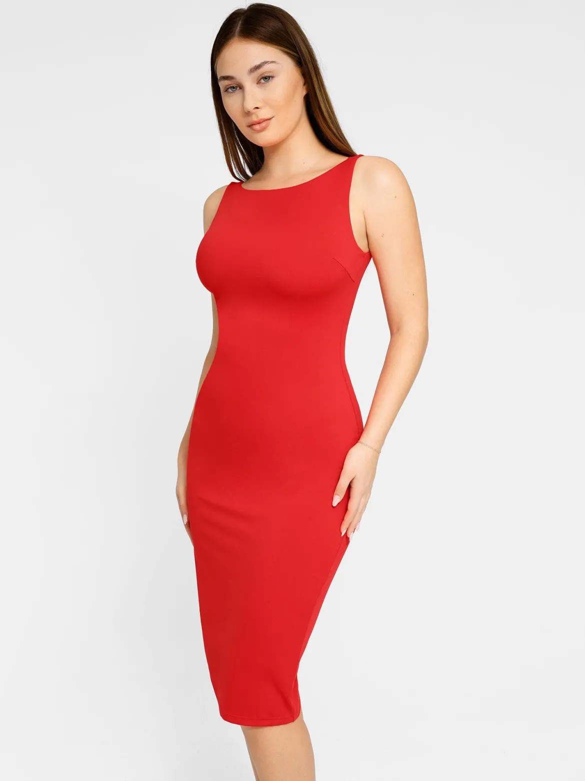 Shapewear Sleeveless Boatneck Sculpting Midi Work Dress