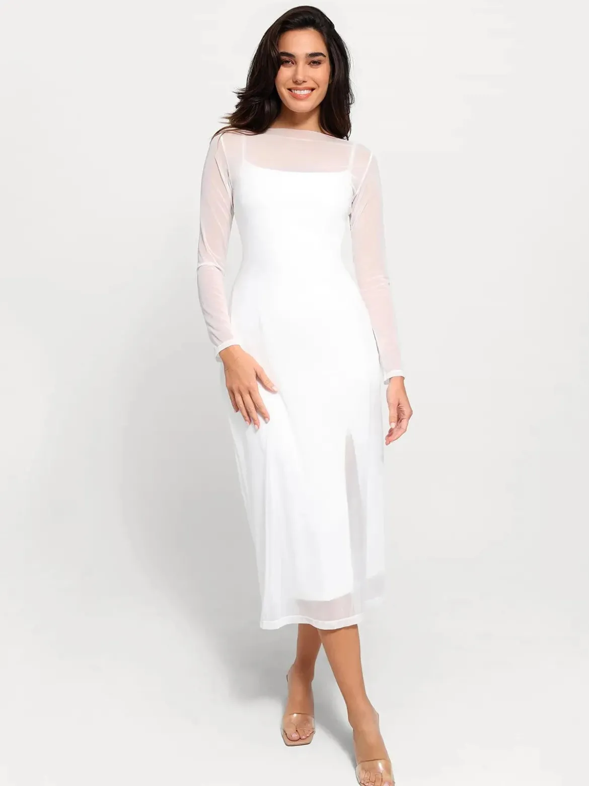 Shapewear Slimming Midi Dress and Sheer Mesh Overlay Set