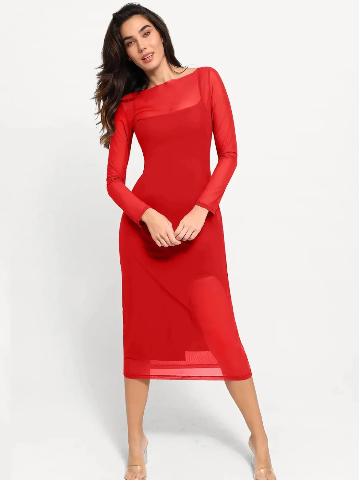 Shapewear Slimming Midi Dress and Sheer Mesh Overlay Set