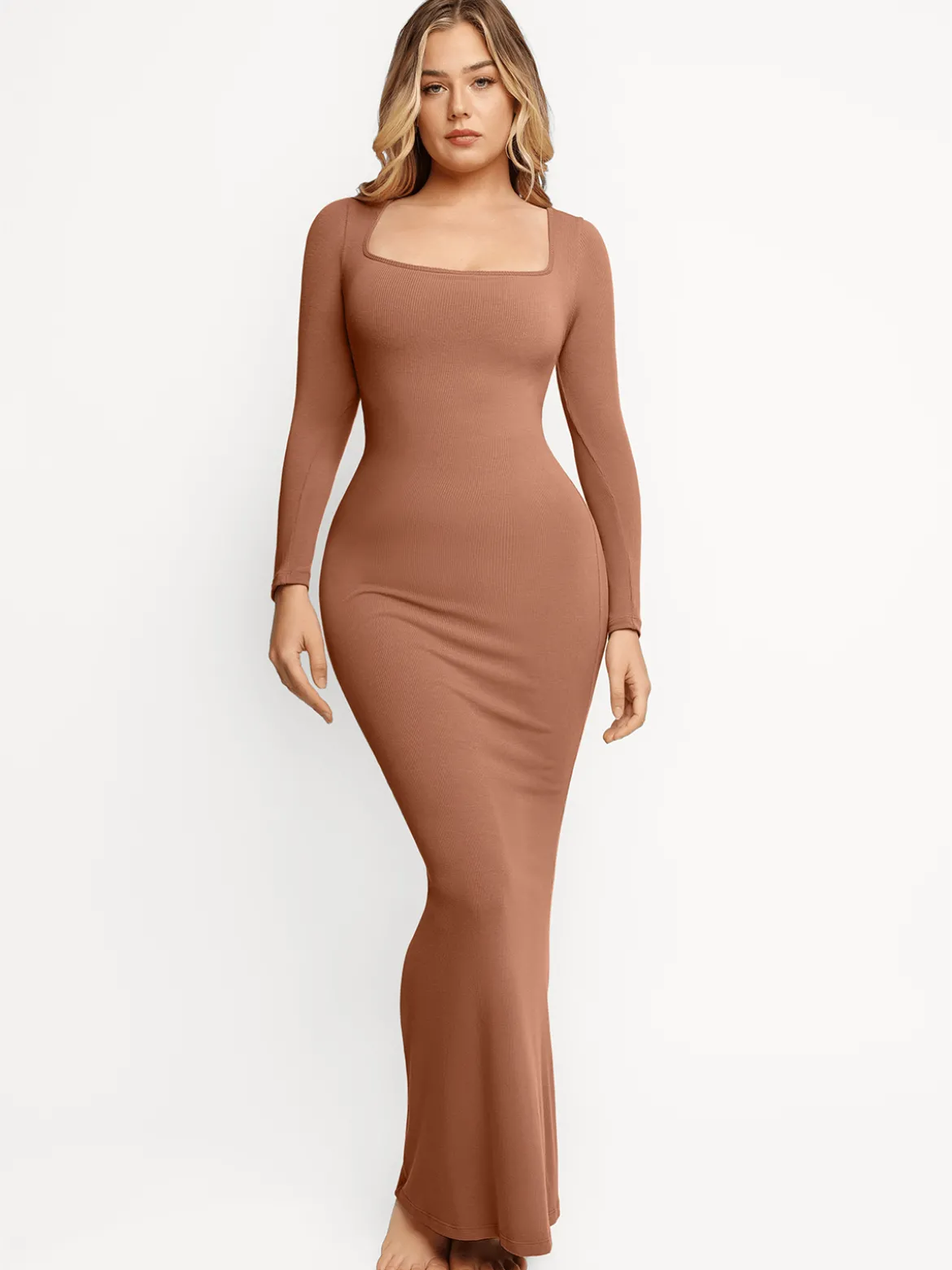 Shapewear Square Neck Long Sleeve Slimming Modal Maxi Dress