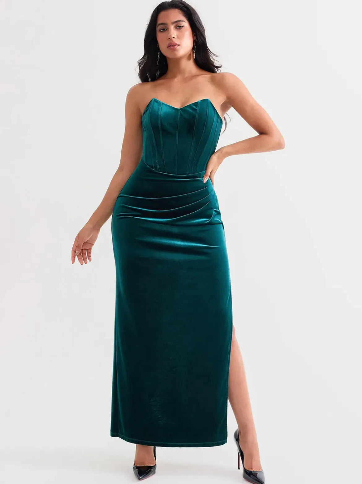Strapless Velvet Ruched Sculpting Corset Gown