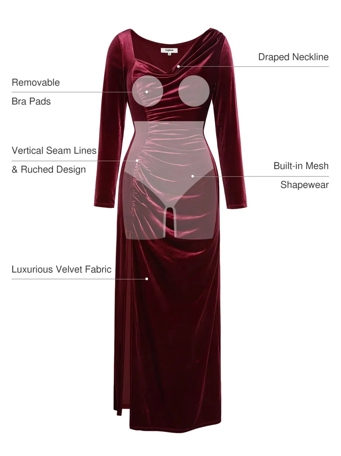 Velvet Draped Long Sleeve Sculpting Column Gown