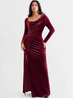 Velvet Draped Long Sleeve Sculpting Column Gown
