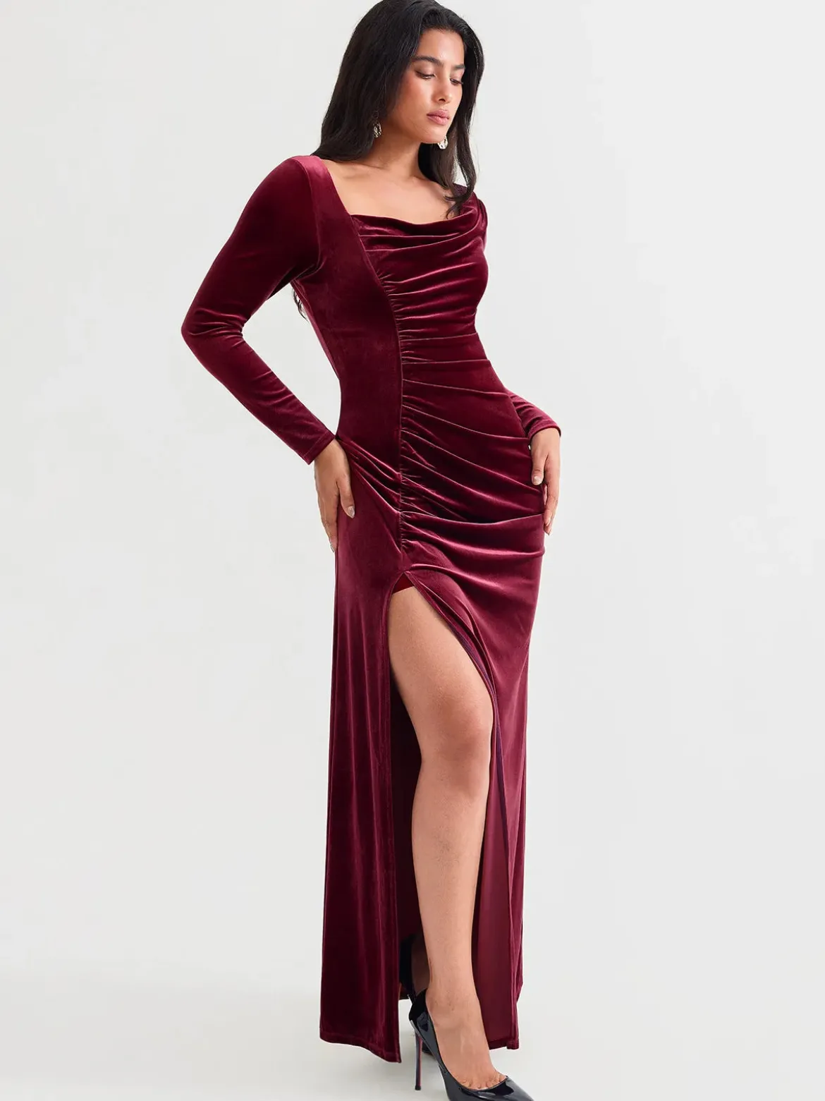 Velvet Draped Long Sleeve Sculpting Column Gown