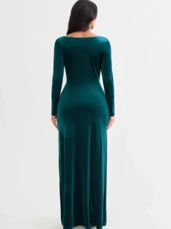 Velvet Draped Long Sleeve Sculpting Column Gown