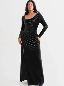 Velvet Draped Long Sleeve Sculpting Column Gown
