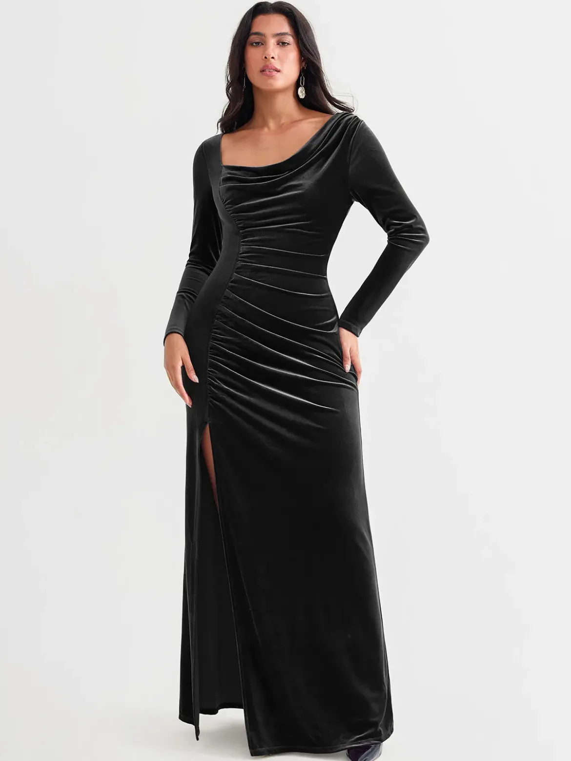 Velvet Draped Long Sleeve Sculpting Column Gown