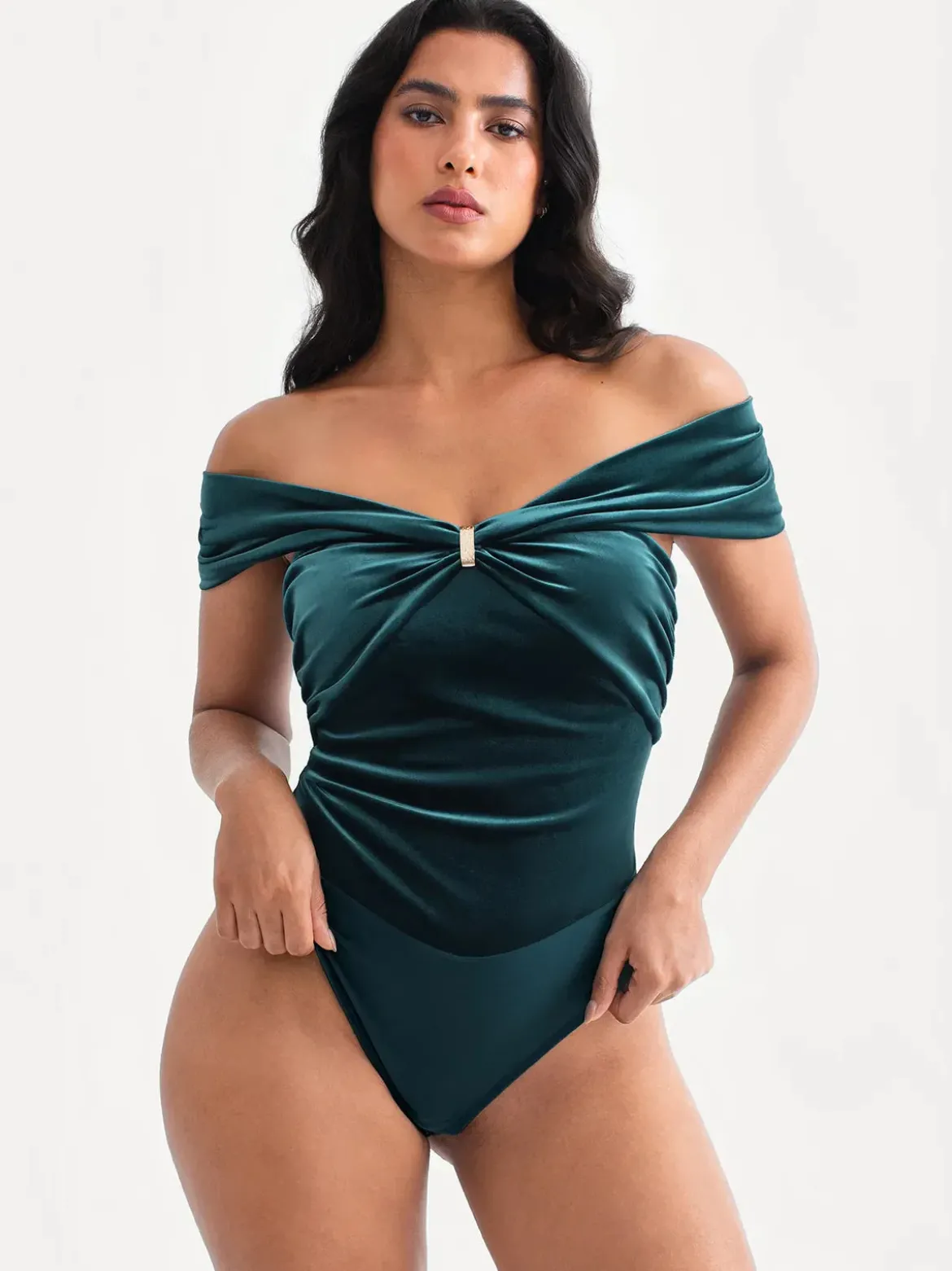 Velvet Twist Front Off-The Shoulder Sculpting Bodysuit