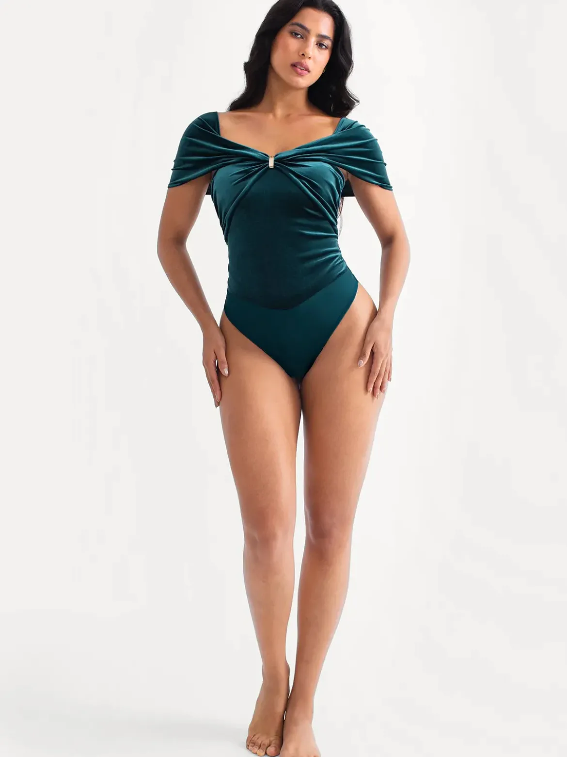 Velvet Twist Front Off-The Shoulder Sculpting Bodysuit